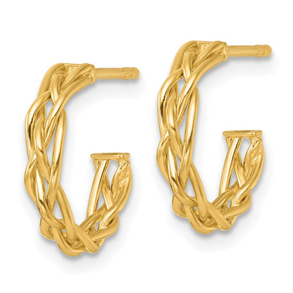 14K Yellow Gold Polished Woven 3mm Post Hoop Earrings