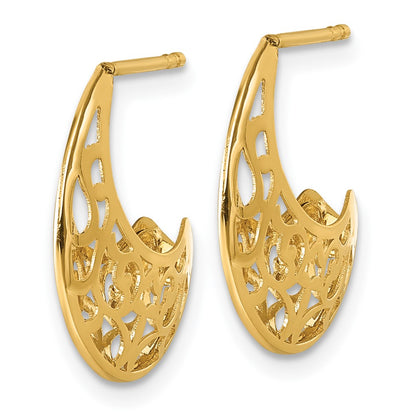 14K Yellow Gold Polished Fancy Cut Out Design Post J-Hoop Earrings