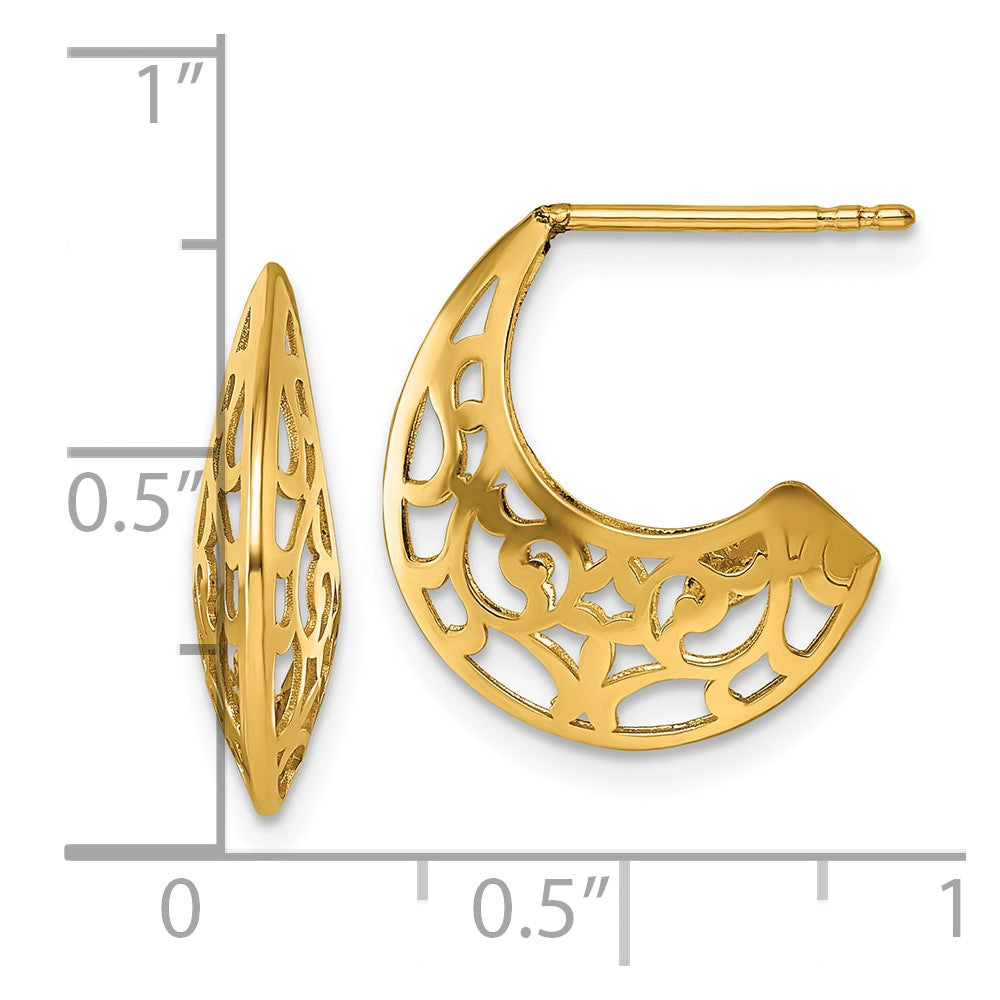 14K Yellow Gold Polished Fancy Cut Out Design Post J-Hoop Earrings