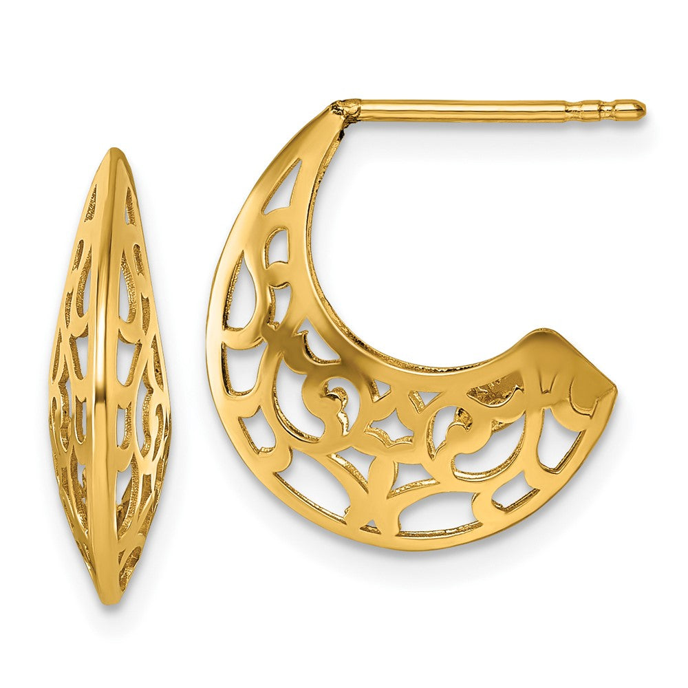 14K Yellow Gold Polished Fancy Cut Out Design Post J-Hoop Earrings