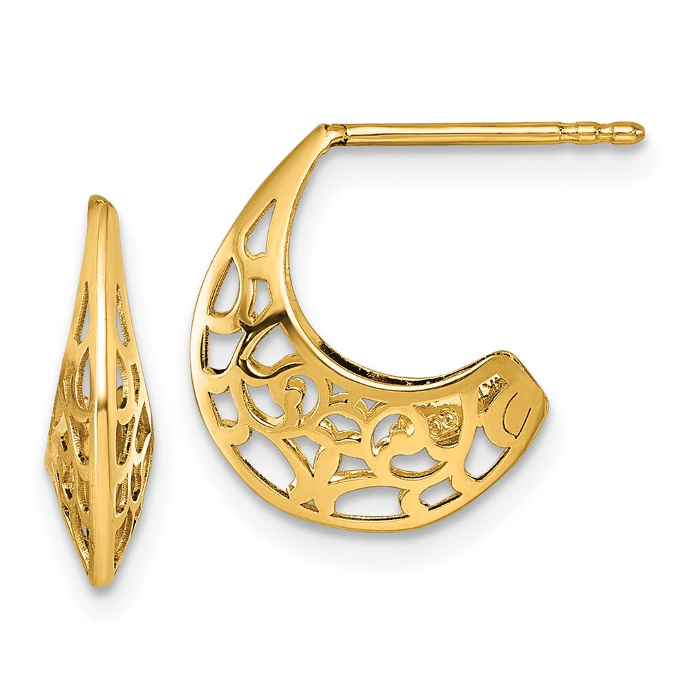 14K Yellow Gold Polished Fancy Cut Out Design Post J-Hoop Earrings