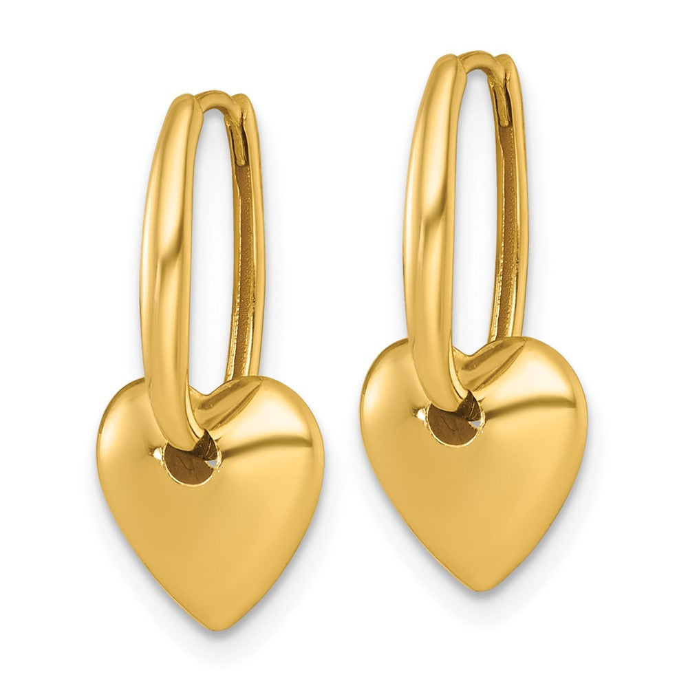 14K Yellow Gold Polished Dangle Heart Hinged Hoop Earrings