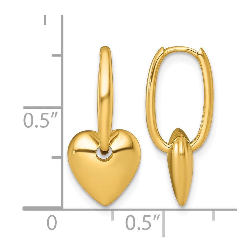 14K Yellow Gold Polished Dangle Heart Hinged Hoop Earrings
