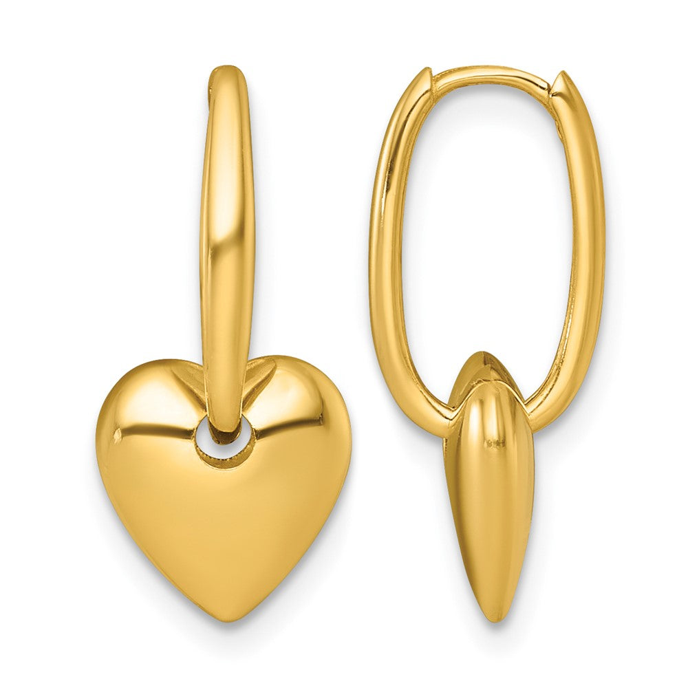 14K Yellow Gold Polished Dangle Heart Hinged Hoop Earrings