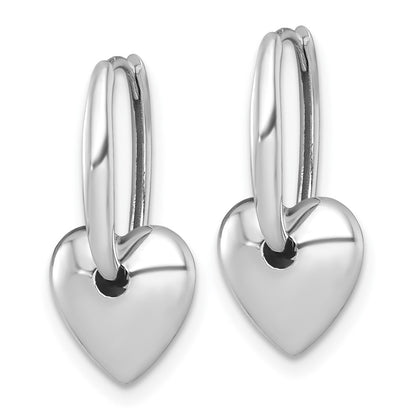 14K White Gold Polished Dangle Heart Hinged Hoop Earrings