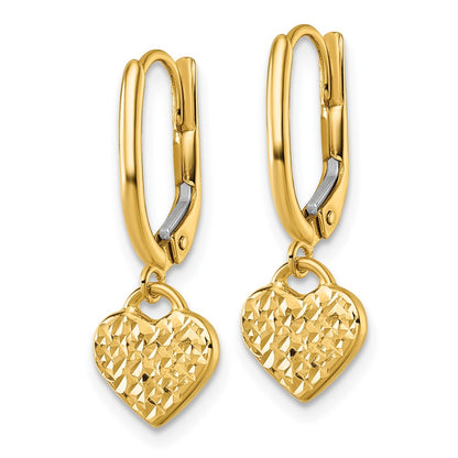 14K Yellow Gold Polished D/c Heart Dangle Leverback Earrings