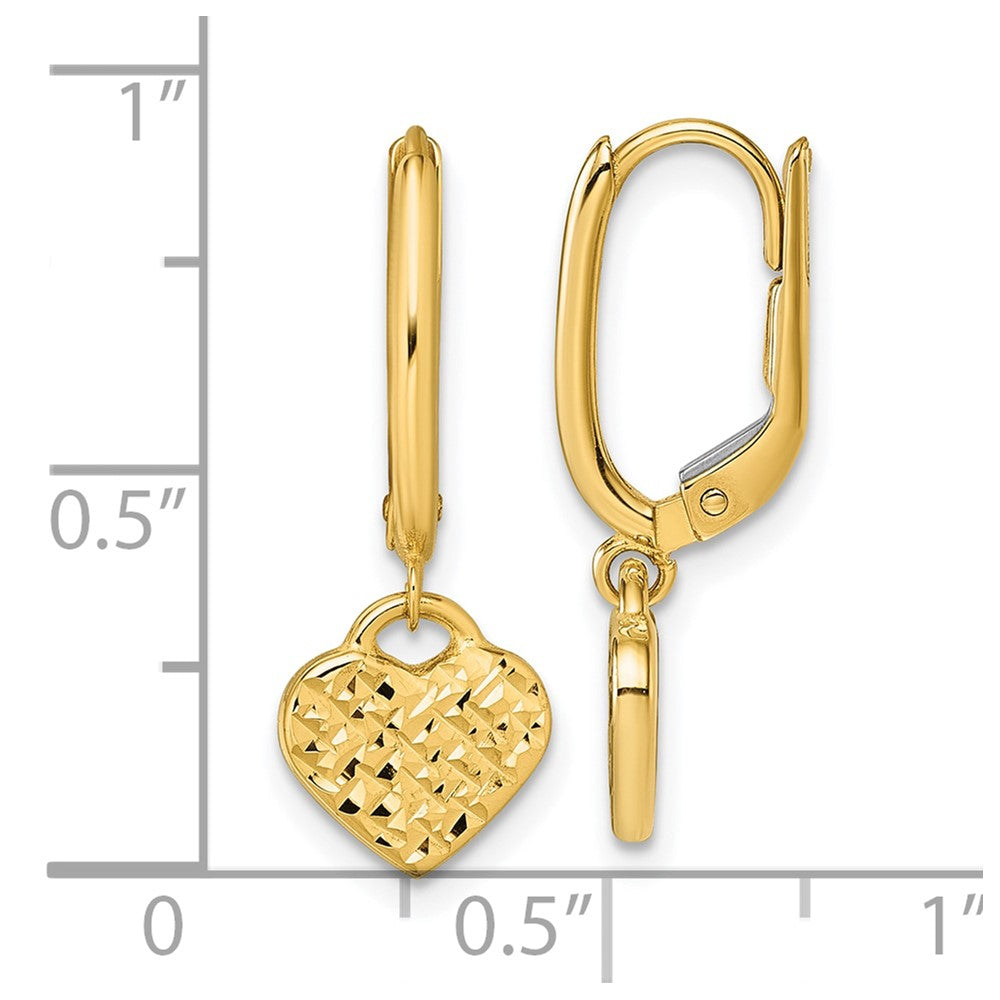 14K Yellow Gold Polished D/c Heart Dangle Leverback Earrings