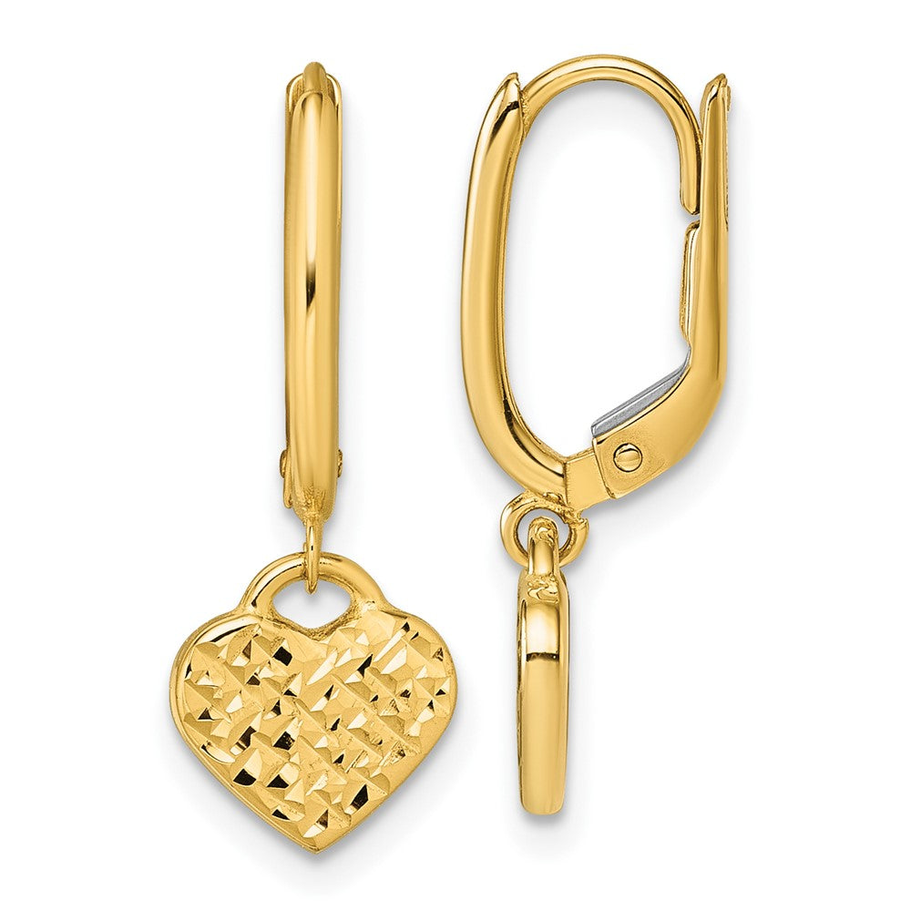 14K Yellow Gold Polished D/c Heart Dangle Leverback Earrings