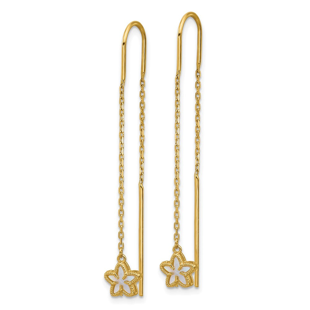 14K Yellow Gold Polished Mother of Pearl Flower Cable Chain Threader Earrings