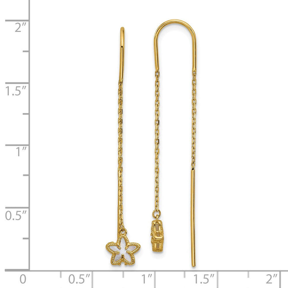 14K Yellow Gold Polished Mother of Pearl Flower Cable Chain Threader Earrings