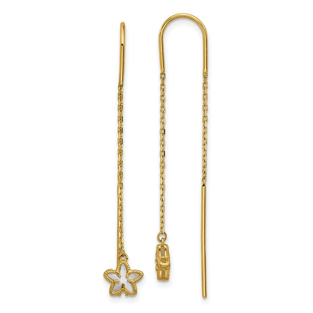 14K Yellow Gold Polished Mother of Pearl Flower Cable Chain Threader Earrings