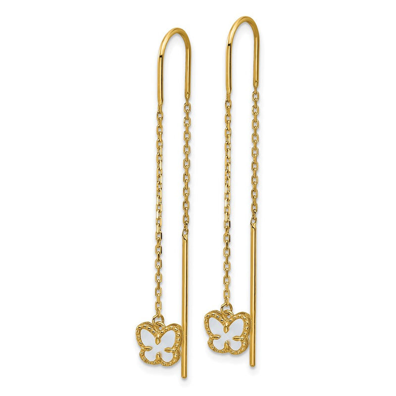 14K Yellow Gold Polished Mother of Pearl Butterfly Cable Chain Threader Earrings