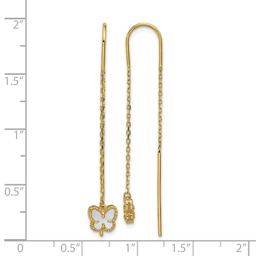 14K Yellow Gold Polished Mother of Pearl Butterfly Cable Chain Threader Earrings