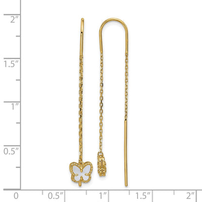 14K Yellow Gold Polished Mother of Pearl Butterfly Cable Chain Threader Earrings