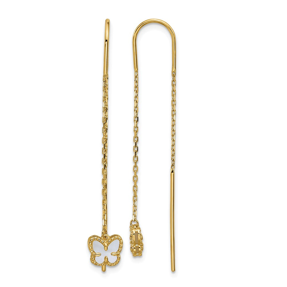 14K Yellow Gold Polished Mother of Pearl Butterfly Cable Chain Threader Earrings