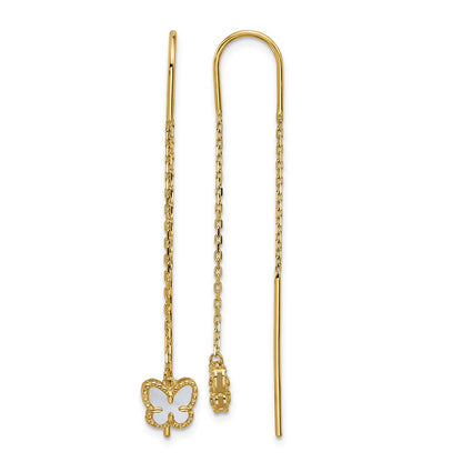 14K Yellow Gold Polished Mother of Pearl Butterfly Cable Chain Threader Earrings