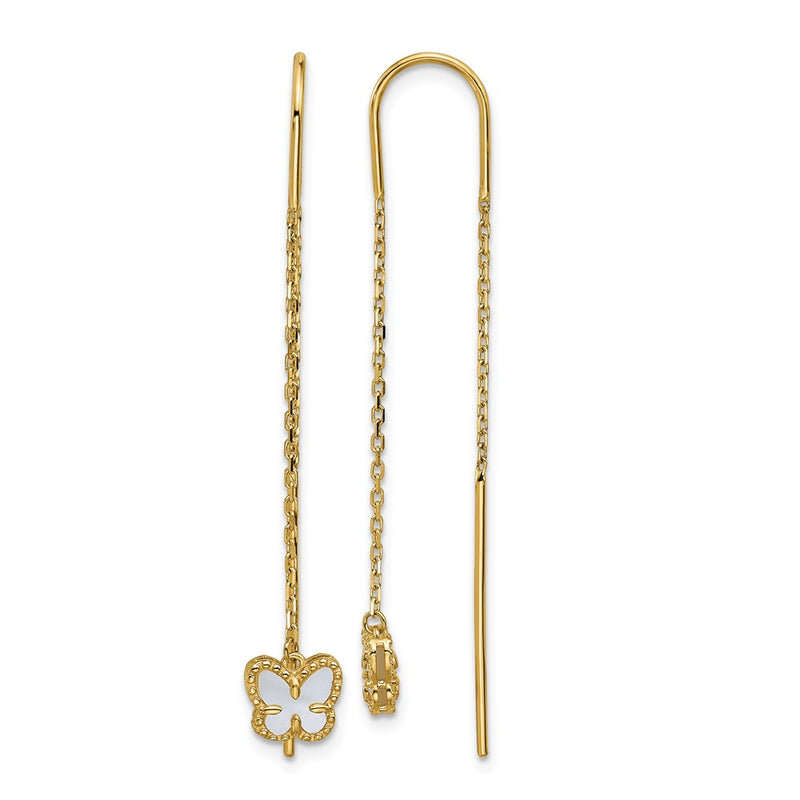 14K Yellow Gold Polished Mother of Pearl Butterfly Cable Chain Threader Earrings