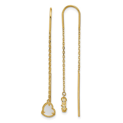 14K Yellow Gold Polished Mother of Pearl Heart Cable Chain Threader Earrings