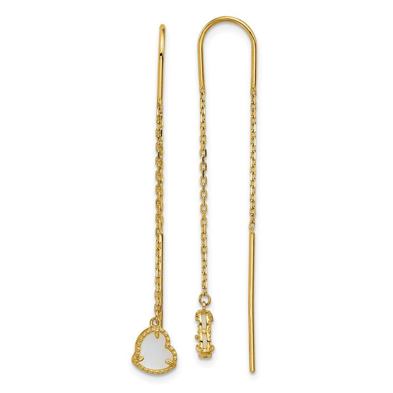 14K Yellow Gold Polished Mother of Pearl Heart Cable Chain Threader Earrings