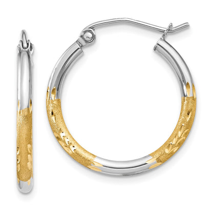 14K Yellow & Rhodium W/White 2mm Satin And Polished Diamond-Cut Hoop Earrings