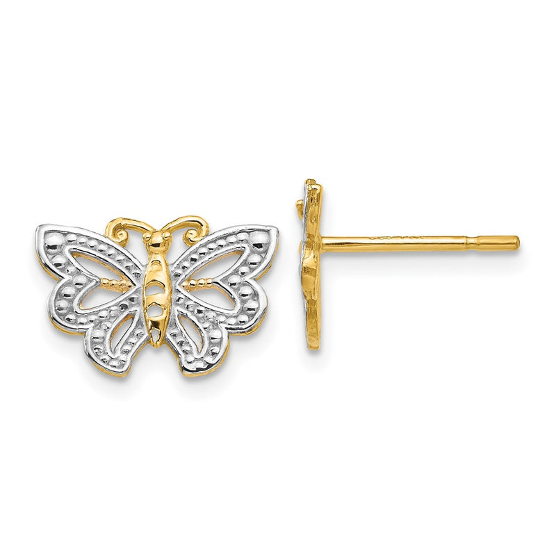 14K Yellow & Rhodium W/ White Butterfly Post Earrings
