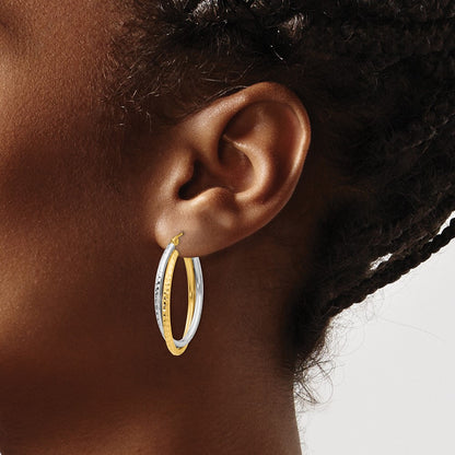 14K Two-Tone Diamond-Cut Polished Oval Hoop Earring