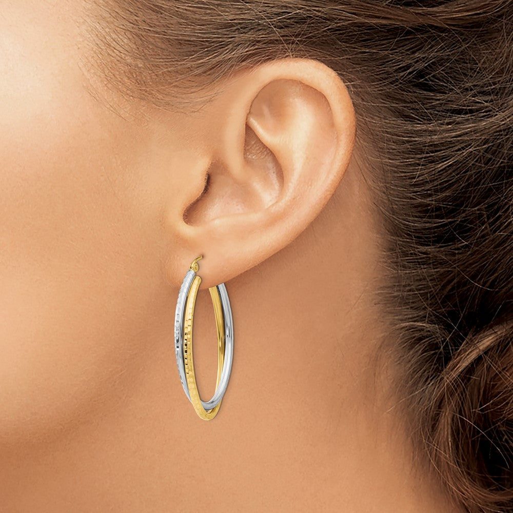 14K Two-Tone Diamond-Cut Polished Oval Hoop Earring