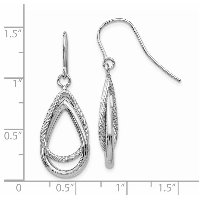 14K White Gold Polished And Textured Teardrop Shepherd Hook Earrings