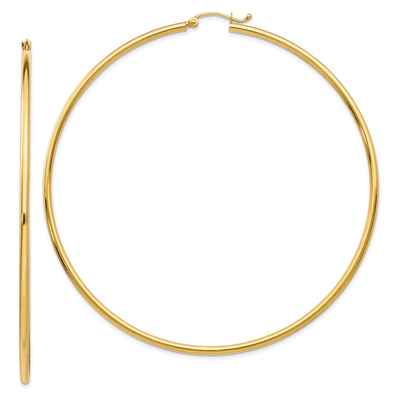 14K Yellow Gold Polished 2X75mm Round Tube Hoop Earrings