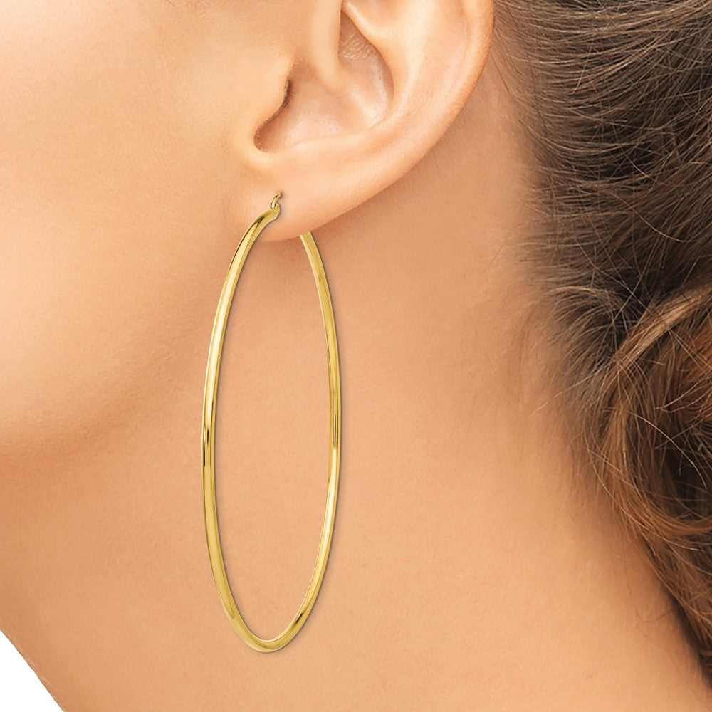 14K Yellow Gold Polished 2X75mm Lightweight Round Tube Hoop Earrings
