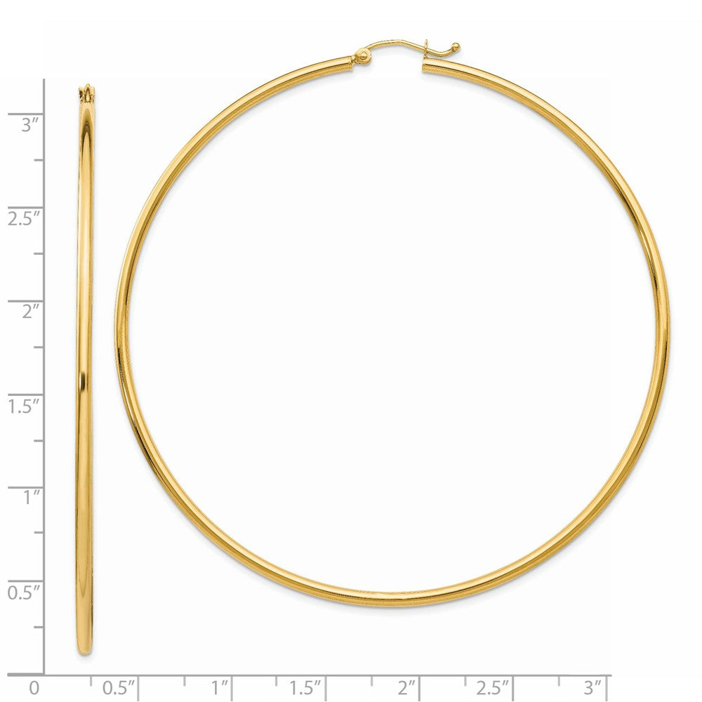 14K Yellow Gold Polished 2X75mm Lightweight Round Tube Hoop Earrings