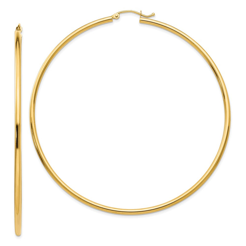 14K Yellow Gold Polished 2X70mm Lightweight Round Tube Hoop Earrings