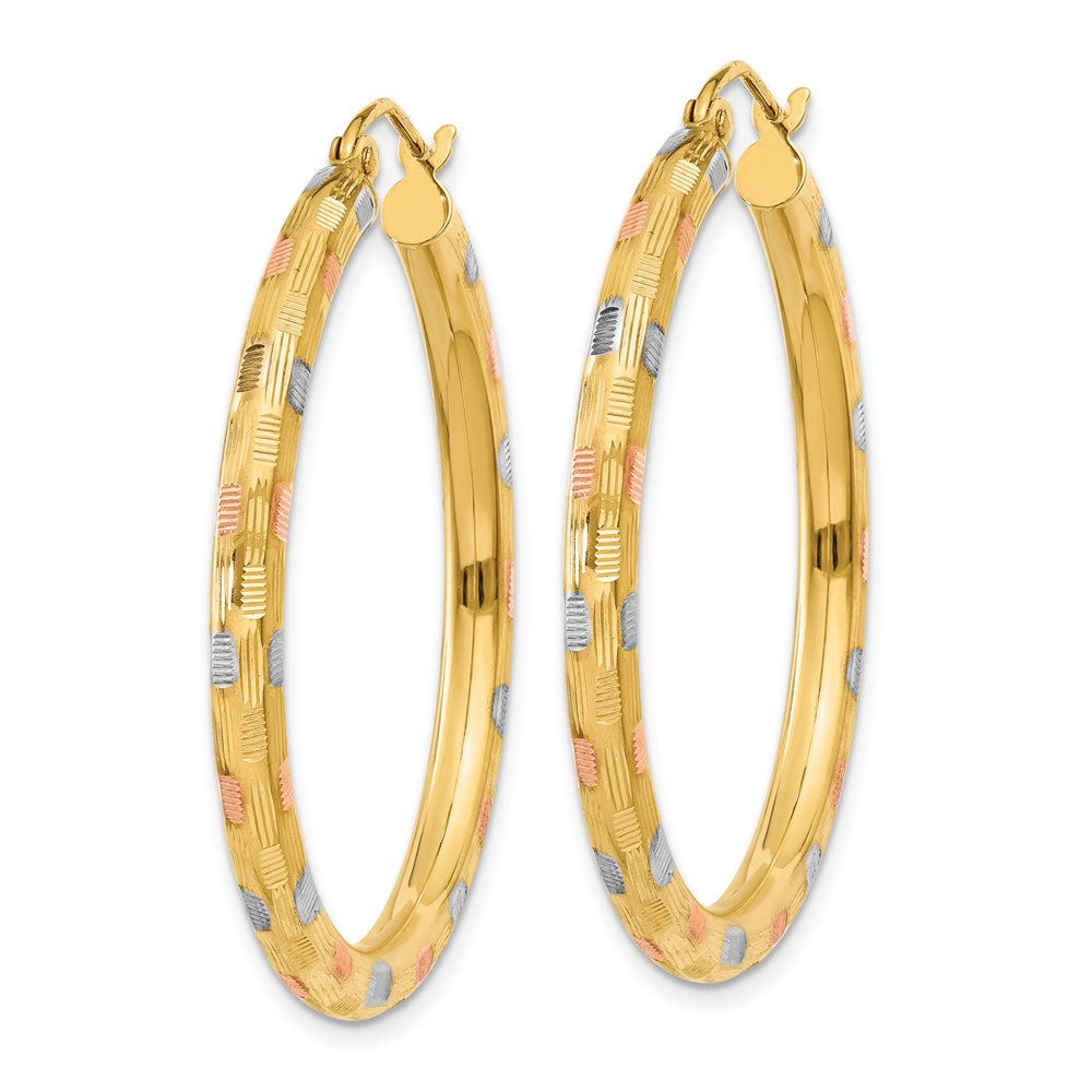 14K Yellow & Rhodium W/White And Rose D/C Hoop Earrings