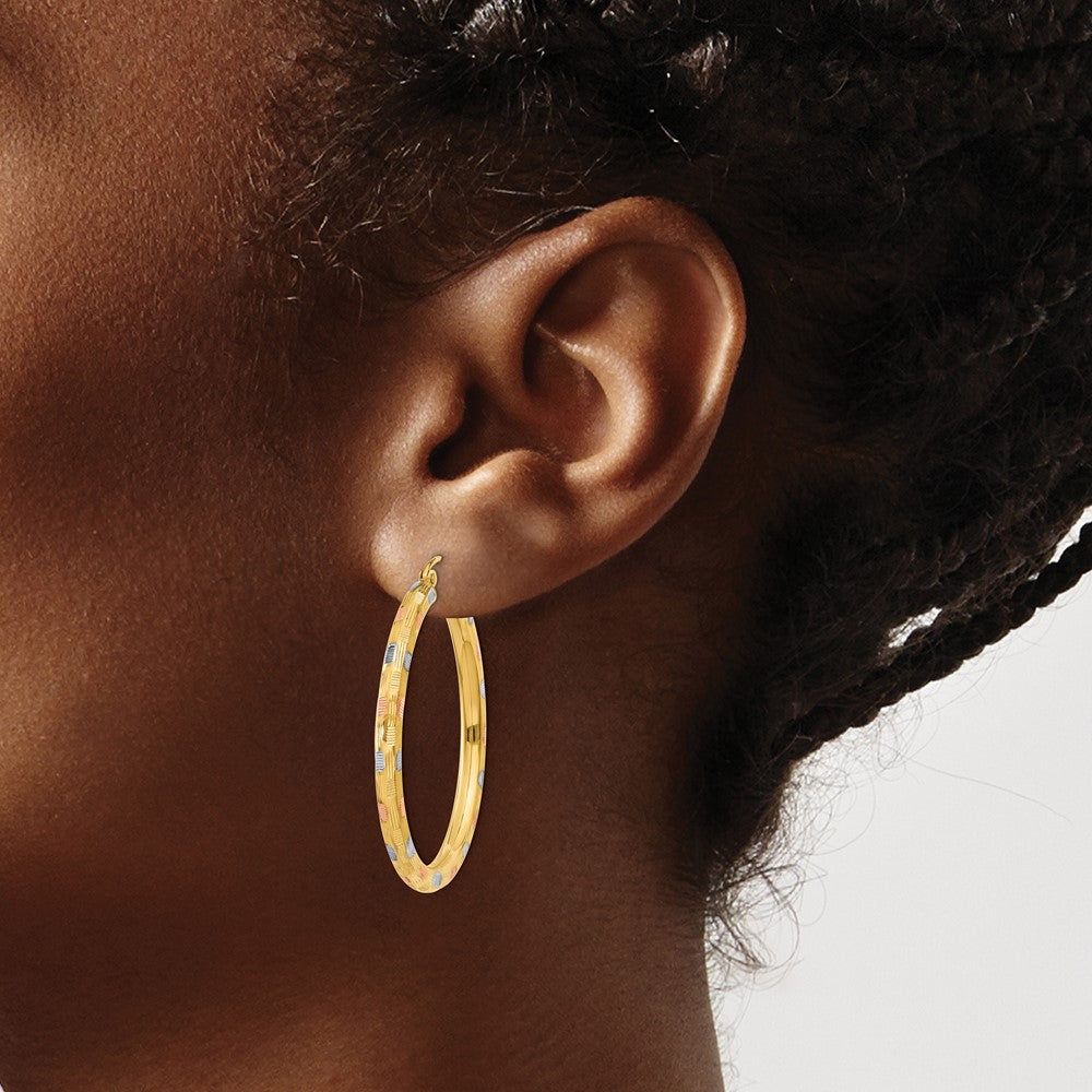 14K Yellow & Rhodium W/White And Rose D/C Hoop Earrings