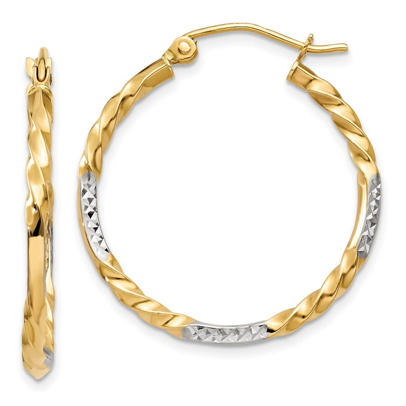 14K Yellow & Rhodium Diamond Cut Twisted Hoop Earrings