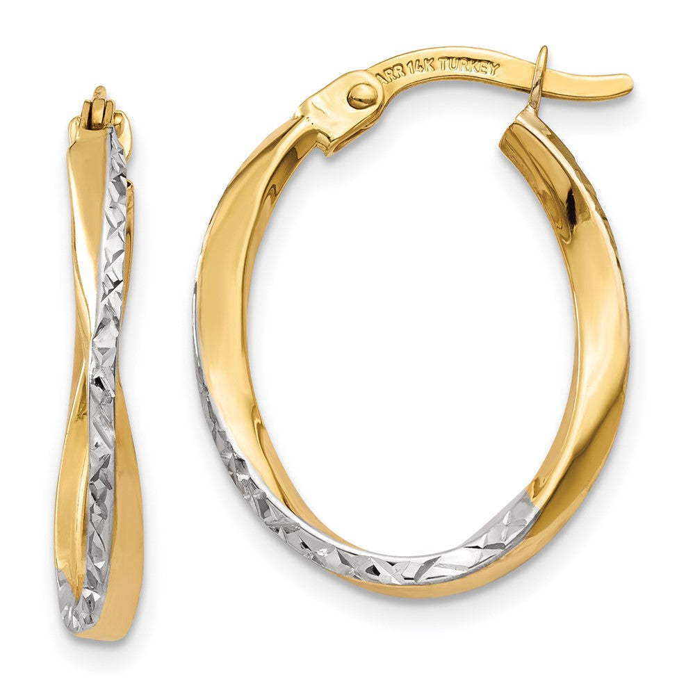 14K Yellow & Rhodium W/White Textured And Polished Oval Hoop Earrings