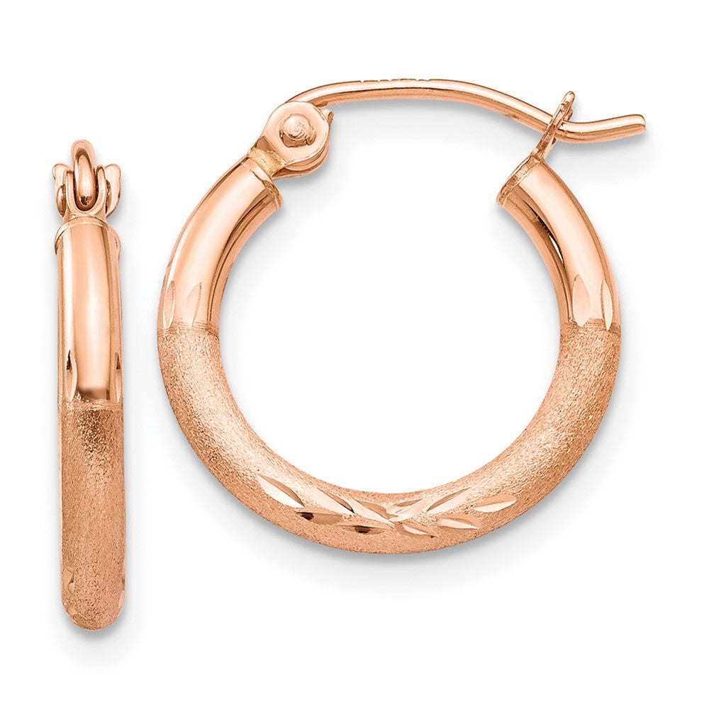 14K Rose Gold Lightweight Satin Diamond Cut Hoop Earrings