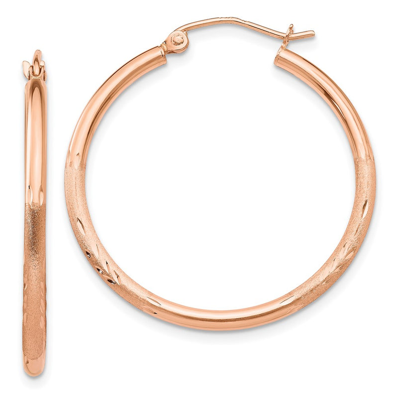 14K Rose Gold Lightweight Satin Diamond Cut Hoop Earrings