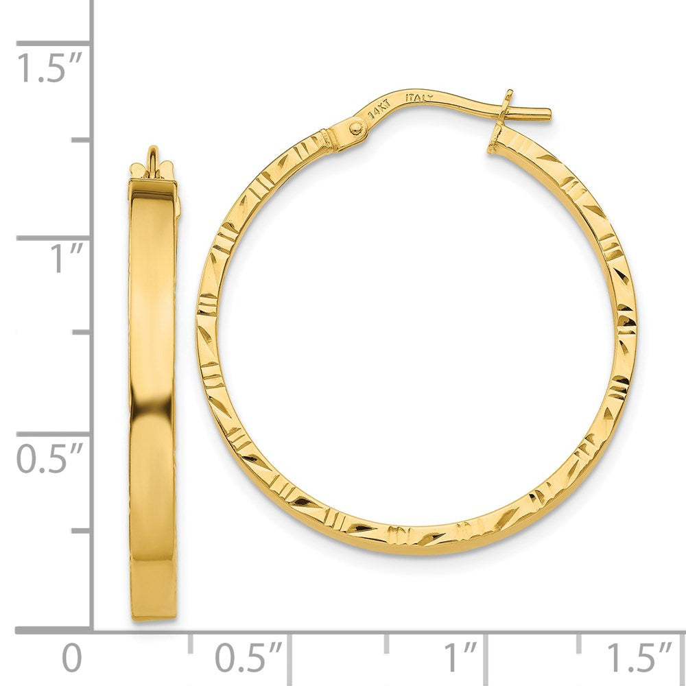 14K Yellow Gold Diamond Cut Edge Large 3mm Polished Hoop Earrings