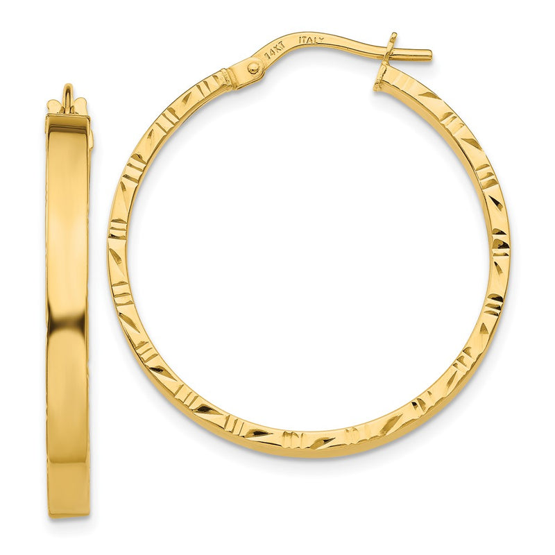 14K Yellow Gold Diamond Cut Edge Large 3mm Polished Hoop Earrings