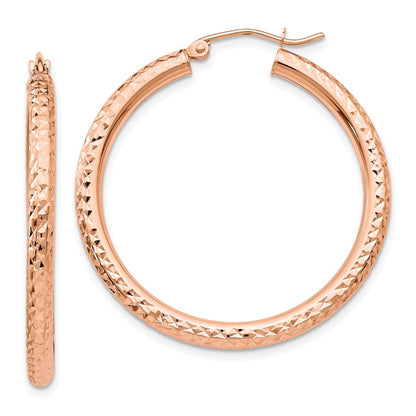 14K Rose Gold Diamond-Cut 3mm Round Hoop Earrings