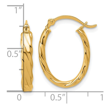 10K Yellow Gold 3mm Patterned Oval Hoop Earrings