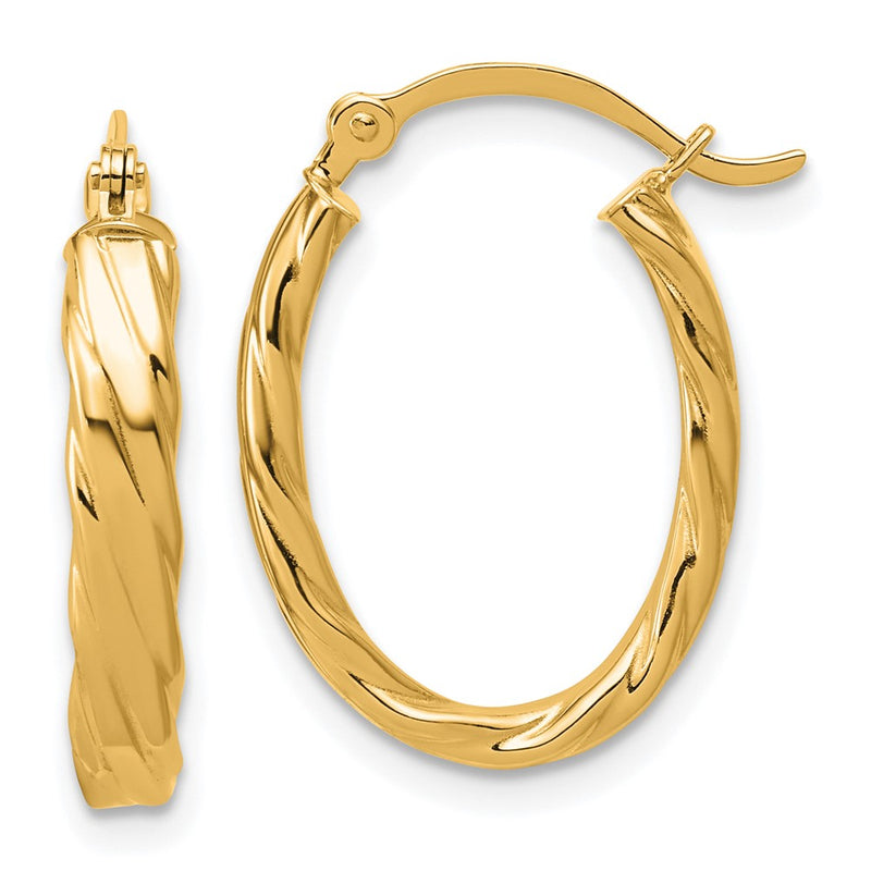14K Yellow Gold 3mm Patterned Oval Hoop Earrings