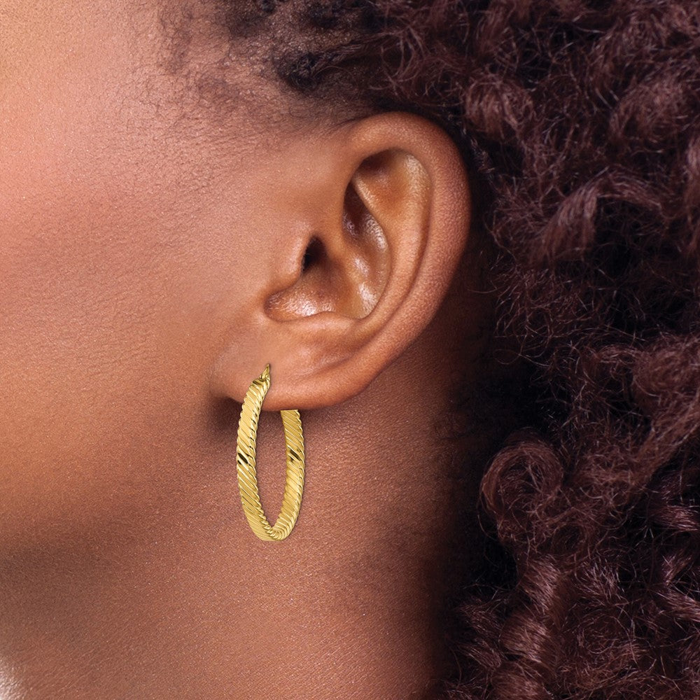 14K Yellow Gold Large 3mm Patterned Hoop Earrings