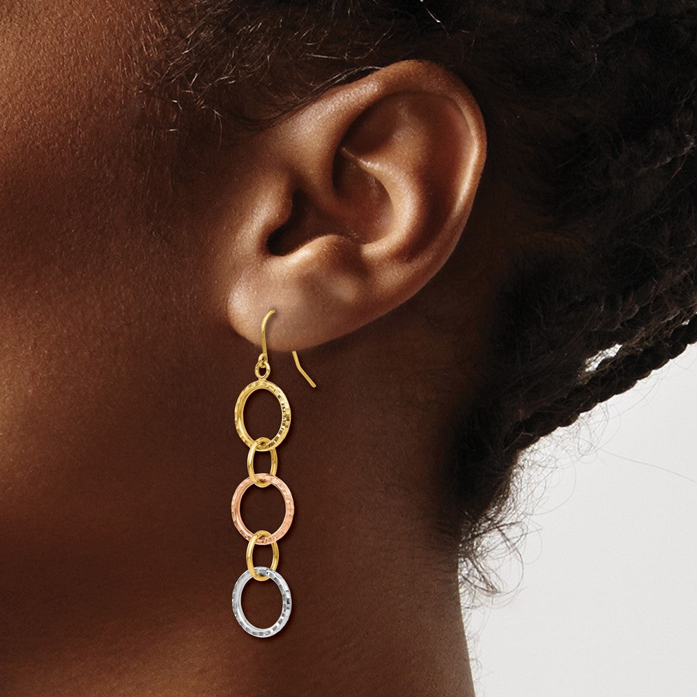14K Tri-Color Diamond Cut Circle Dangle Earrings