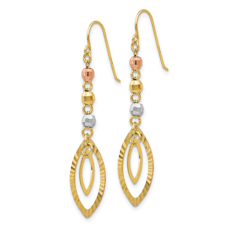 14K Tri-Color Diamond-Cut Bead Oval Dangle Earrings
