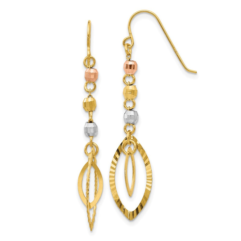 14K Tri-Color Diamond-Cut Bead Oval Dangle Earrings