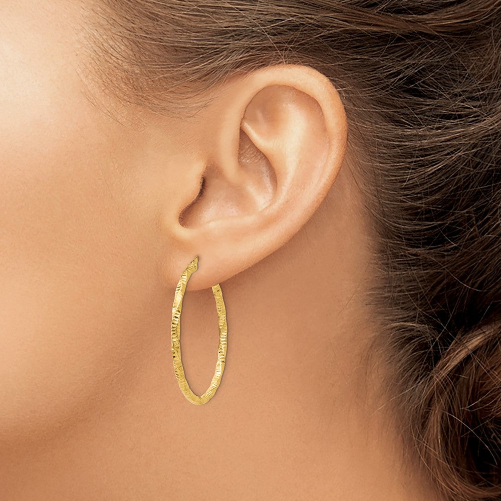 14K Yellow Gold Polished And Textured Hoop Earrings