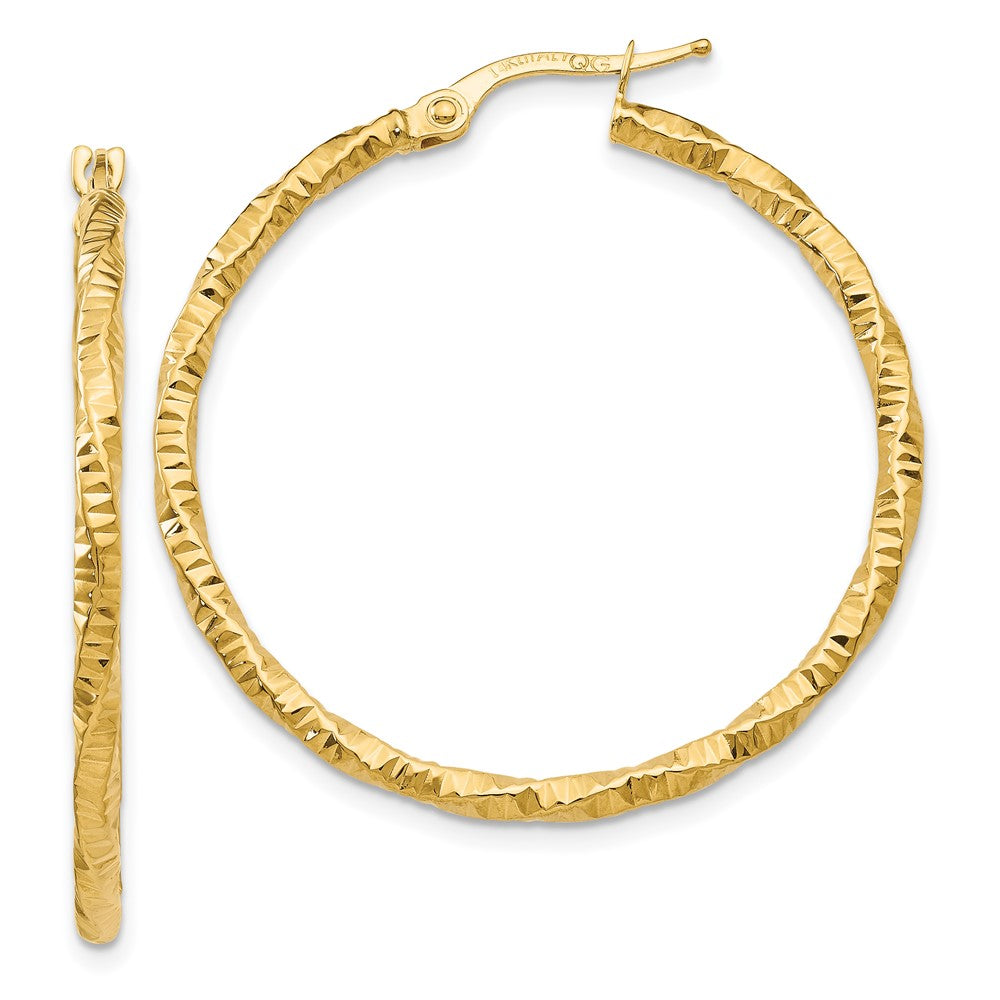 14K Yellow Gold Polished And Textured Hoop Earrings