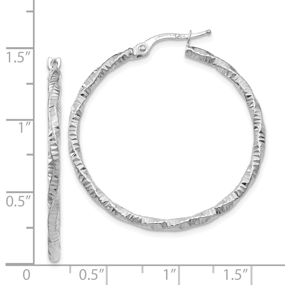 14K White Gold Polished And Textured Hoop Earrings